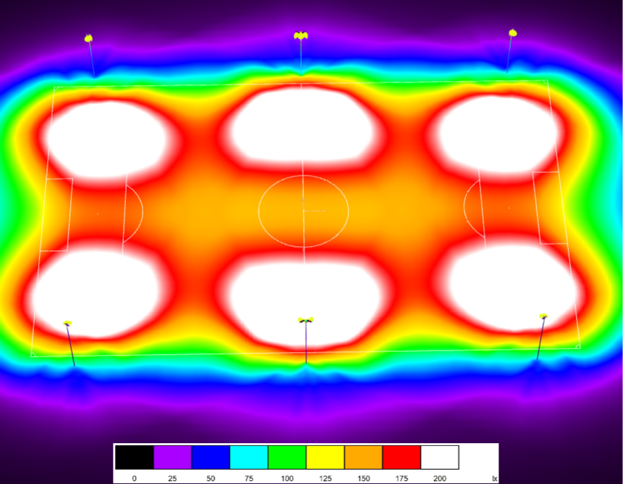 Futbalové ihrisko 105*68m, 6x stĺp, v= 12m, 200lux. main